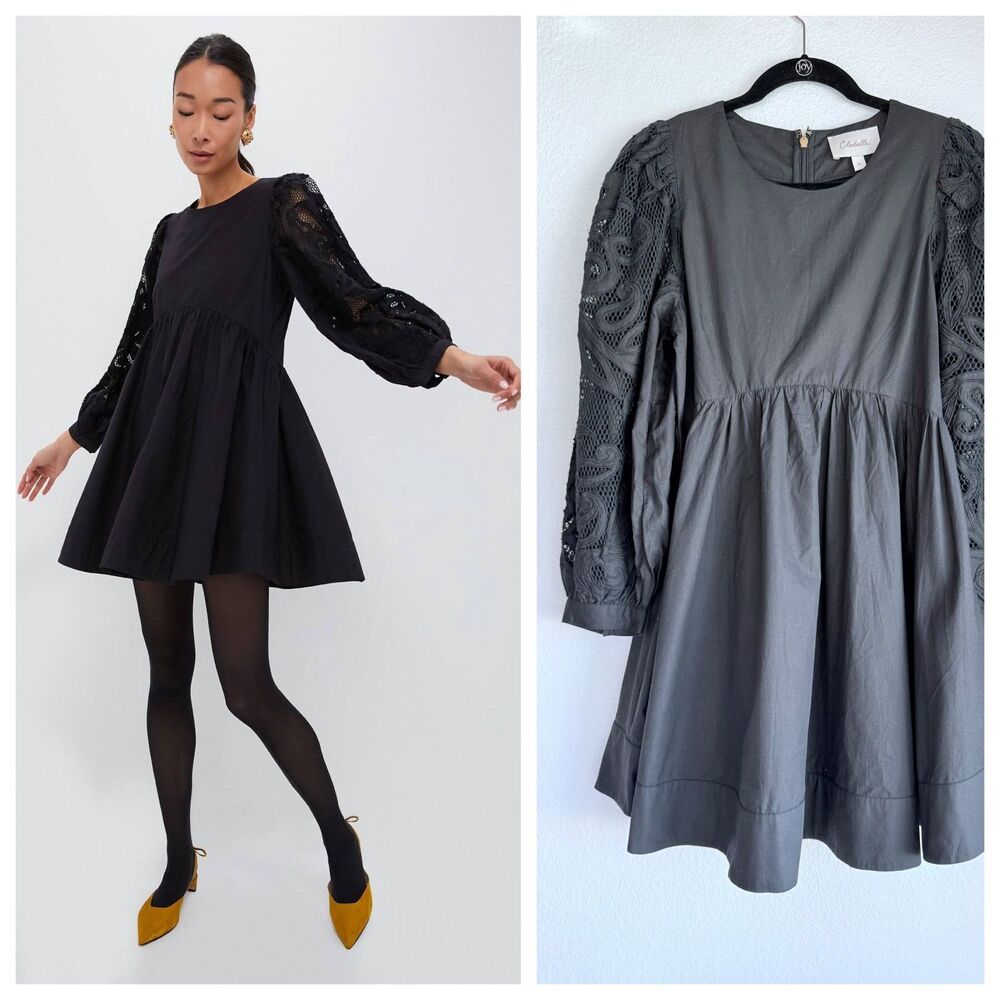 NEW Sample Cleobella Nikita Lace Sleeve Babydoll Mini Dress in Black Size Small